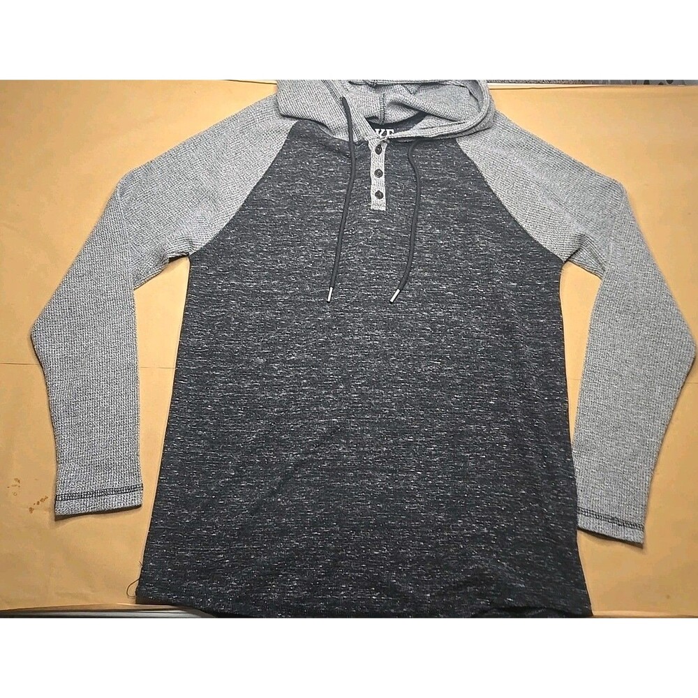 BKE Henley Hoodie Thermal Knit Pullover Mens Medium Heather Gray Long Sleeve